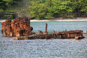 父島・境浦の沈没船「濵江丸（ひんこうまる）」。当時の輸送船。米軍の空爆を受け、70年前に現在の場所に座礁
